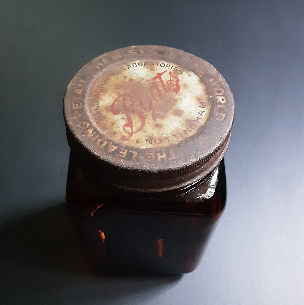 Vintage Boots Chemists Square Amber Glass Apothecary Jar Empty Bottle England